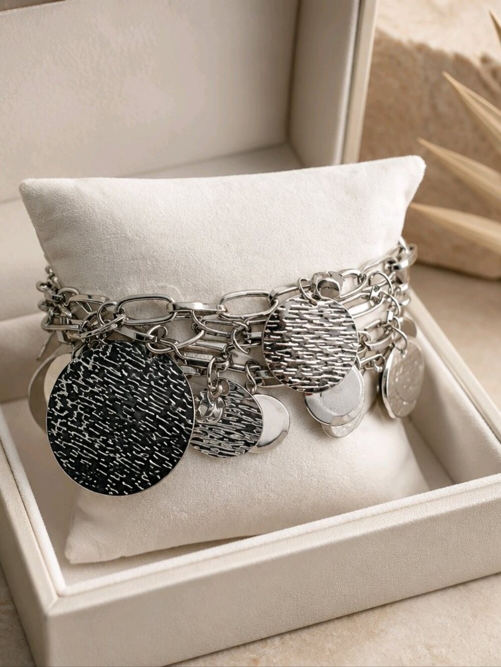 Vintage Cha-Cha Silvertone Hammered Discs~Crystal Charm Toggle Bracelet
